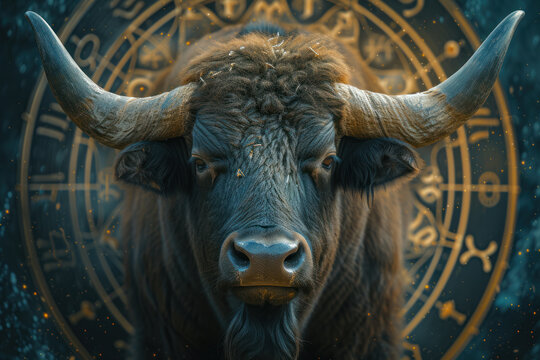 Taurus zodiac sign against horoscope wheel. Astrology calendar. Esoteric horoscope and fortune telling concept.