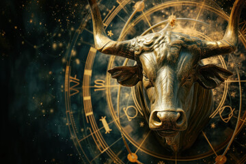 Taurus zodiac sign against horoscope wheel. Astrology calendar. Esoteric horoscope and fortune telling concept.