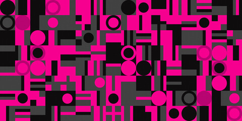 Retro geometric shapes, abstract creative background. Dots, circles, squares, rectangles and lines. Sandstone textures. Pink, gray and black colors. Template for your poster, cover, flyer