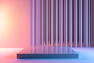 Abstract 3D podium on background with geometric vertical lines. Studio showroom pedestal. Minimal scene mockup for product display presentation.
