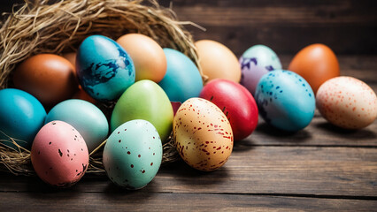 Fototapeta na wymiar Colourful eggs on wooden background. Easter composition. space for text.