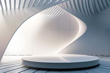 Abstract white 3D arched room with podium. Studio showroom pedestal. Minimal scene mockup for product display presentation.