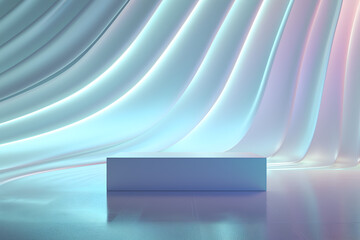 A vibrant holographic 3D podium on a stylish neon background. Studio showroom pedestal. Minimal scene mockup for product display presentation.