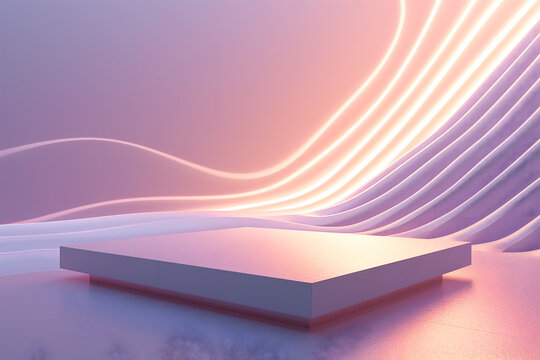 A vibrant holographic 3D podium on a stylish neon background. Studio showroom pedestal. Minimal scene mockup for product display presentation.