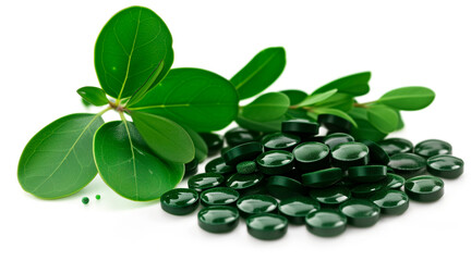 Herbal medicine capsules with fresh green leaves isolated on white background. Spiruline isolated
