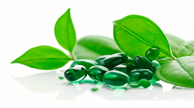 Herbal medicine capsules with fresh green leaves isolated on white background. Spiruline isolated
