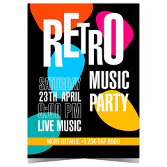 Retro music party invitation template with colourful arbitrary shapes on a black background. Vector poster or banner for an old music party, live entertainment show in a night disco dance club. - obrazy, fototapety, plakaty