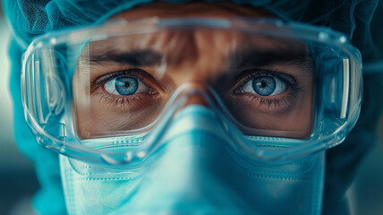 In a striking close-up, the healthcare professional's determined gaze shines through the layers of personal protective equipment, signifying their readiness to administer essential care.