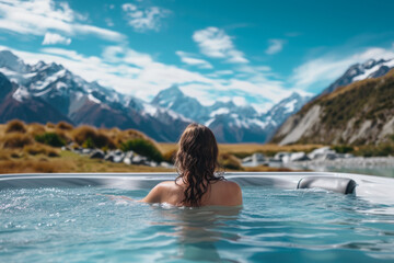 girl soaking in a hot tub, with a view of the mountains in the background