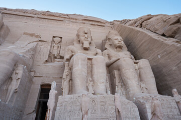 Great Abu Simbel ancient temple of Pharaoh Ramses II in southern Egypt in Nubia next to Lake Nasser.