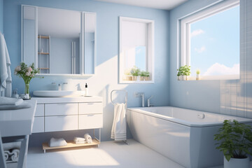Full of sun light white minimalistic bathroom, blue and silver interior elements