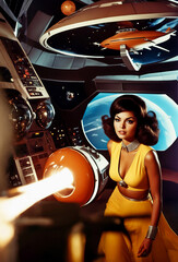 Painting of woman in space station with rocket in the background.