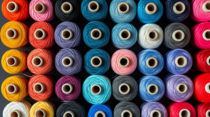 Colorful cotton threads on tailor textile fabric background for sewing and crafting projects