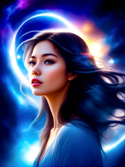 Painting of woman with long hair and hat on her head.