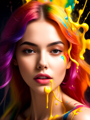 Fototapeta premium Digital painting of woman's face with yellow and pink hair.