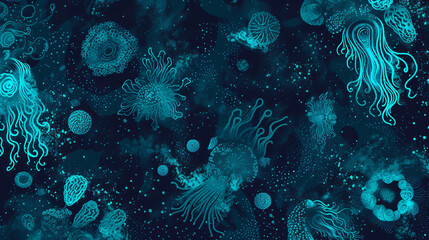 Naklejka na ściany i meble Explore the ethereal beauty of the ocean with this mesmerizing, seamless pattern showcasing bioluminescent plankton. Be enchanted by the captivating glow that creates a magical underwater wo