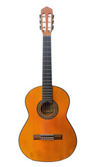 A beautifully crafted classic acoustic guitar, showcasing its wooden texture and design, isolated against a white background.