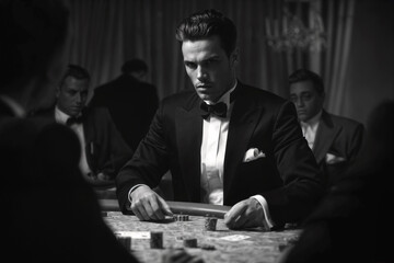 stylish handsome man gambling incasino, gathered around a poker table, embodying the essence of a luxury casino night. 