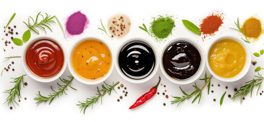 An array of five different sauces in white bowls, surrounded by a selection of fresh herbs, spices,...