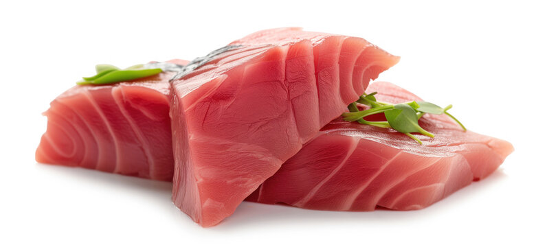 Close-up image of fresh, raw tuna steaks adorned with a green garnish, isolated on a white background.