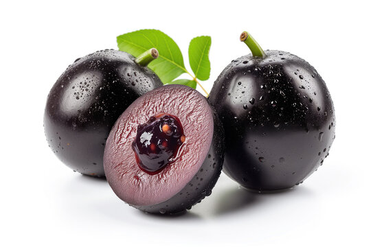 A fresh jabuticaba fruit, isolated on a white background. This Brazilian exotic fruit is ripe, black, and round. It&rsquo;s a healthy, sweet, and delicious tropical food.