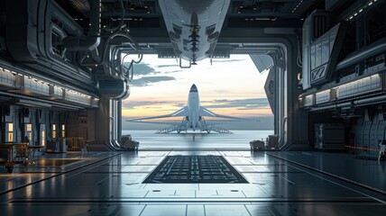 futuristic spaceport with advanced spacecraft and architecture, a distant planet in the background, under a bright, cloud-streaked sky.