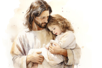 Jesus Christ Hugging Little Girl Child Watercolor Illustration - obrazy, fototapety, plakaty