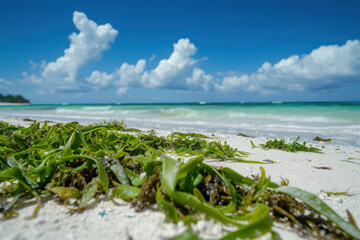 Different types of seagrass sea grass weed seaweed on beach sand by the water in Playa del Carmen Quintana Roo Mexico