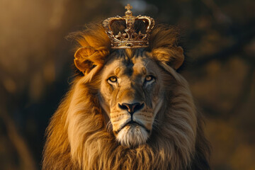 Fototapeta premium majestic lion with a golden mane and a crown on his head