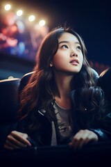 Fototapeta premium Asian girl watching movies in cinema