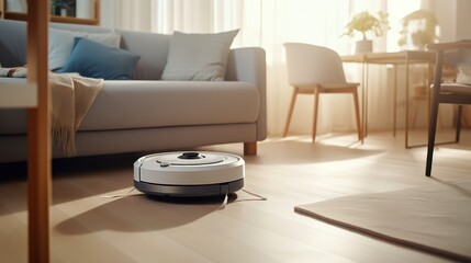 A sleek smart home robot vacuum effortlessly cleans a modern white living room, showcasing automated cleaning in style.