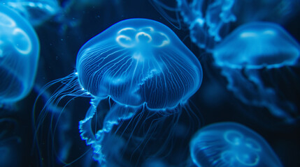 Mesmerizing and otherworldly, this stock image showcases a luminous jellyfish texture, with its delicate tentacles and ethereal bodies repeating in a captivating underwater scene. Perfect fo