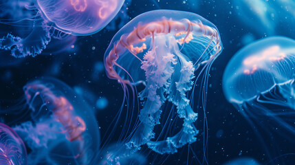 Mesmerizing and otherworldly, this stock image showcases a luminous jellyfish texture, with its delicate tentacles and ethereal bodies repeating in a captivating underwater scene. Perfect fo