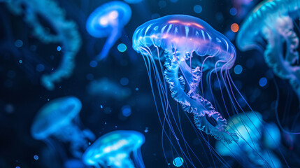 Mesmerizing and otherworldly, this stock image showcases a luminous jellyfish texture, with its delicate tentacles and ethereal bodies repeating in a captivating underwater scene. Perfect fo - obrazy, fototapety, plakaty