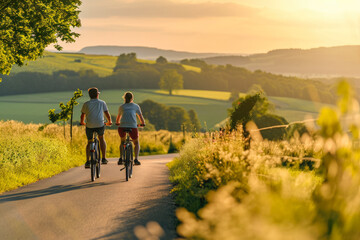 Naklejka premium man and a woman cycling through picturesque countryside, enjoying the scenery