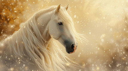 Portrait of beautiful white horse in autumn golden light