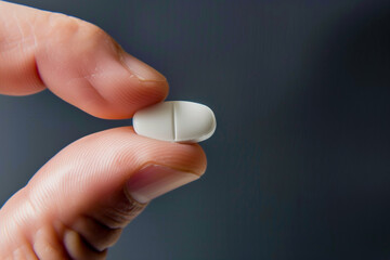 male hand holding a pill against dark background