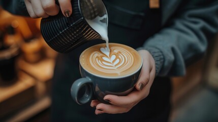 Close up of barista making coffee latte in coffee shop caf   with blurred background