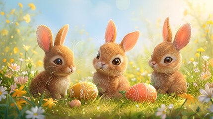 AI generated illustration of two adorable Easter bunnies sit together on the lush green grass