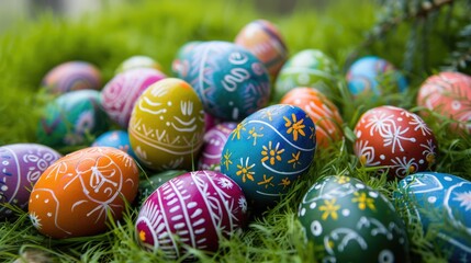 Fototapeta na wymiar Cheerful and vibrant Easter eggs, adorned with colorful designs, rest in the midst of fresh grass and blooming flowers, heralding the joy of the season.