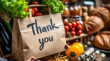 Volunteers expressing gratitude with a  thank you  sign over a box filled with donated groceries - obrazy, fototapety, plakaty