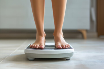 Female bare feet standing on digital electronic weight scale at home. Generative AI