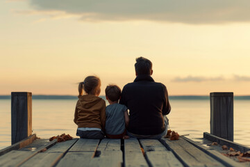 Obraz premium Back view of father and two children sitting together on jetty. Generative AI