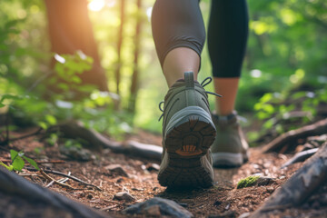 Fototapeta premium Close up of hiker feet walking outdoors in the forest. Generative AI