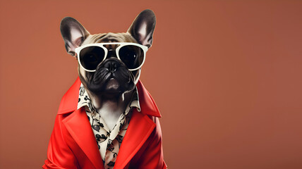 Cool looking french bulldog wearing funky red fashion jacket, leo shirt, white sunglasses in red theme. Isolated on red background with copy space area that can place a text