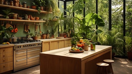 Lush Tropical Kitchen Oasis: Bringing the Outdoors In - obrazy, fototapety, plakaty