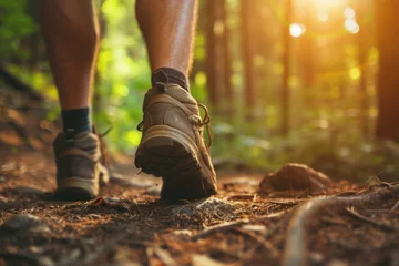 Foto op Aluminium Close up of hiker feet walking outdoors in the forest. Generative AI © barmaleeva