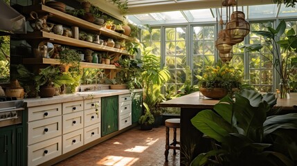 Fototapeta na wymiar Lush Tropical Kitchen Oasis: Bringing the Outdoors In