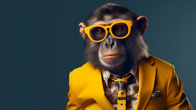 Cool looking monkey wearing yellow suit, yellow tie, and sunglasses in blue theme. Isolated on blue background with copy space area that can place a text