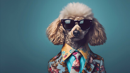 Fashionable looking poodle wearing stylish and colorful suit with flowers, black sunglasses in floral theme. Isolated on green background with copy space area that can place a text.